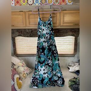 Floral Paisley Maxi Sundress - Teal, Black & White